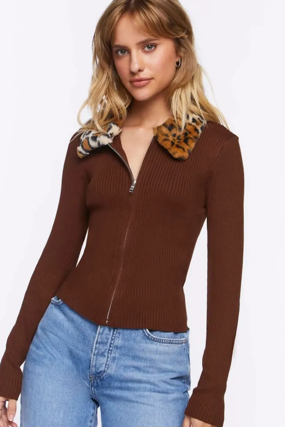 Faux Leopard Fur Zip-Up Sweater