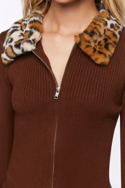Faux Leopard Fur Zip-Up Sweater