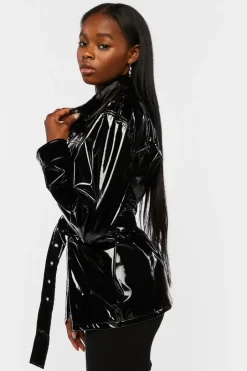 Faux Patent Leather Belted Jacket