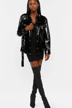 Faux Patent Leather Belted Jacket
