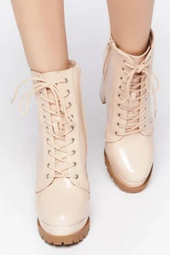 Faux Patent Leather Lace-Up Booties