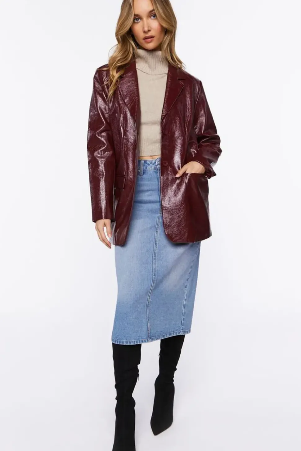 Faux Patent Leather Notched Blazer