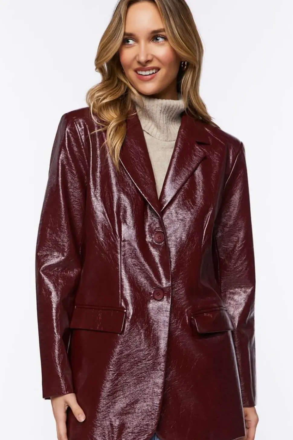 Faux Patent Leather Notched Blazer