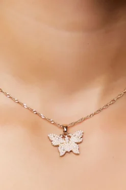 Faux Pearl Butterfly Pendant Necklace