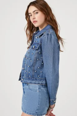 Faux Pearl Denim Trucker Jacket
