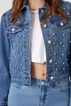 Faux Pearl Denim Trucker Jacket