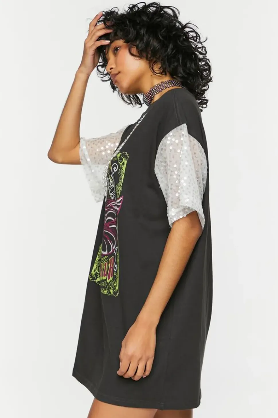 Faux Pearl Fringe Graphic T-Shirt Dress