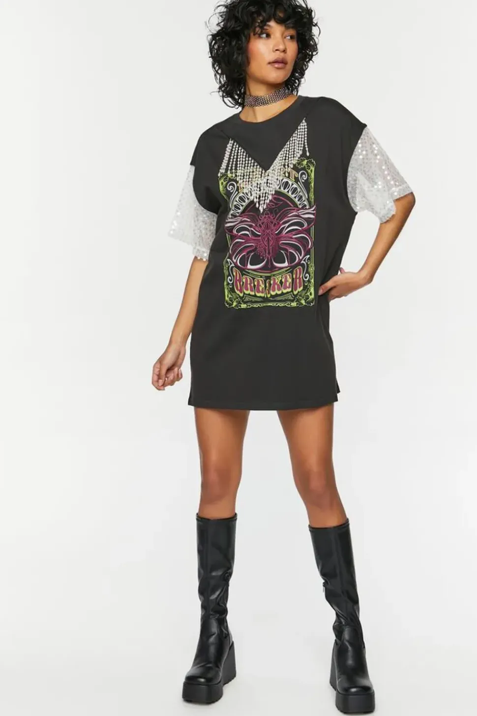 Faux Pearl Fringe Graphic T-Shirt Dress