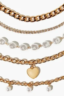 Faux Pearl & Heart Charm Bracelet Set
