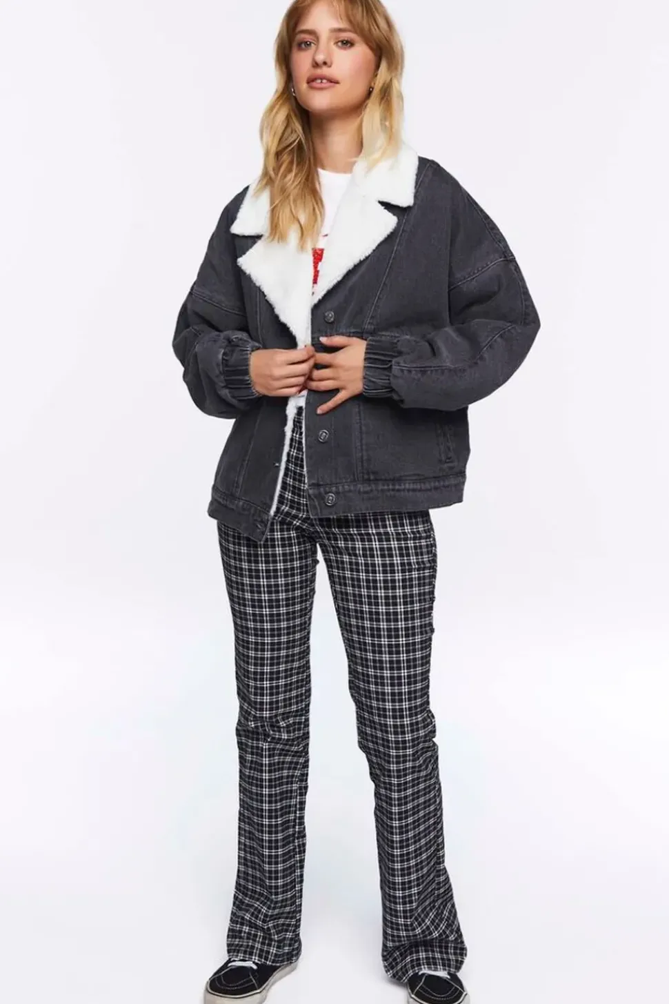 Faux Shearling Denim Bomber Jacket