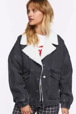 Faux Shearling Denim Bomber Jacket