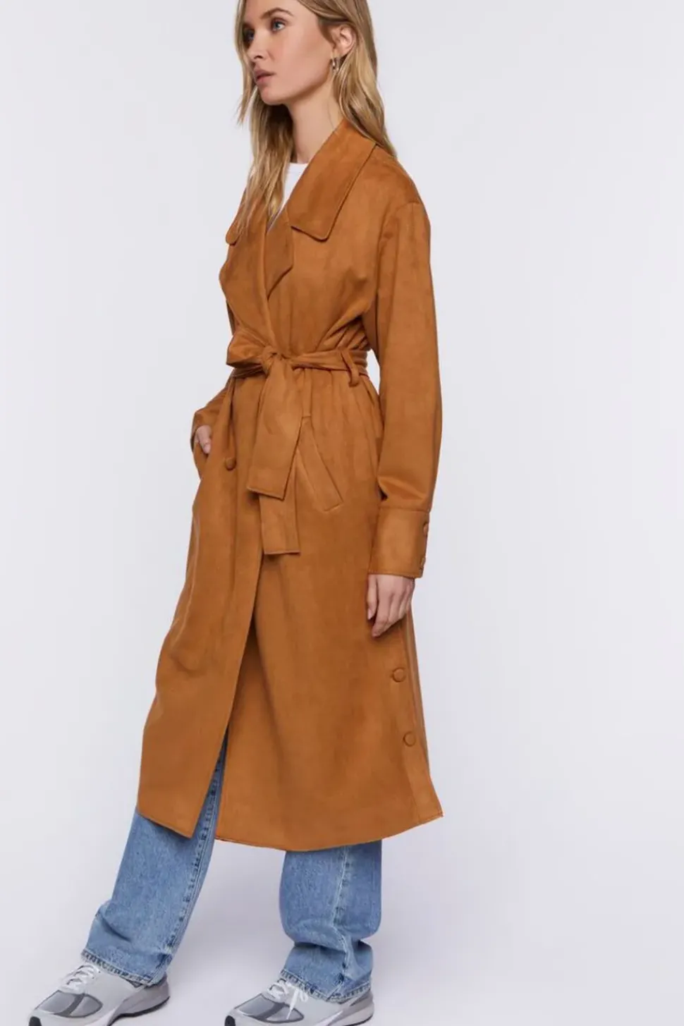 Faux Suede Belted Trench Coat