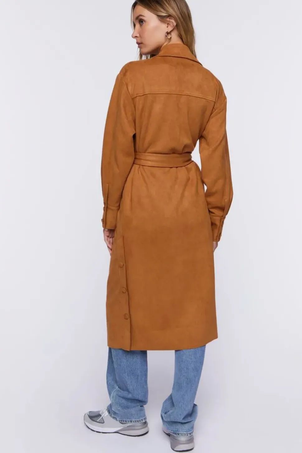 Faux Suede Belted Trench Coat