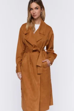 Faux Suede Belted Trench Coat