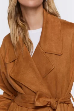 Faux Suede Belted Trench Coat