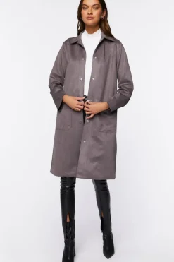 Faux Suede Button-Front Duster Coat