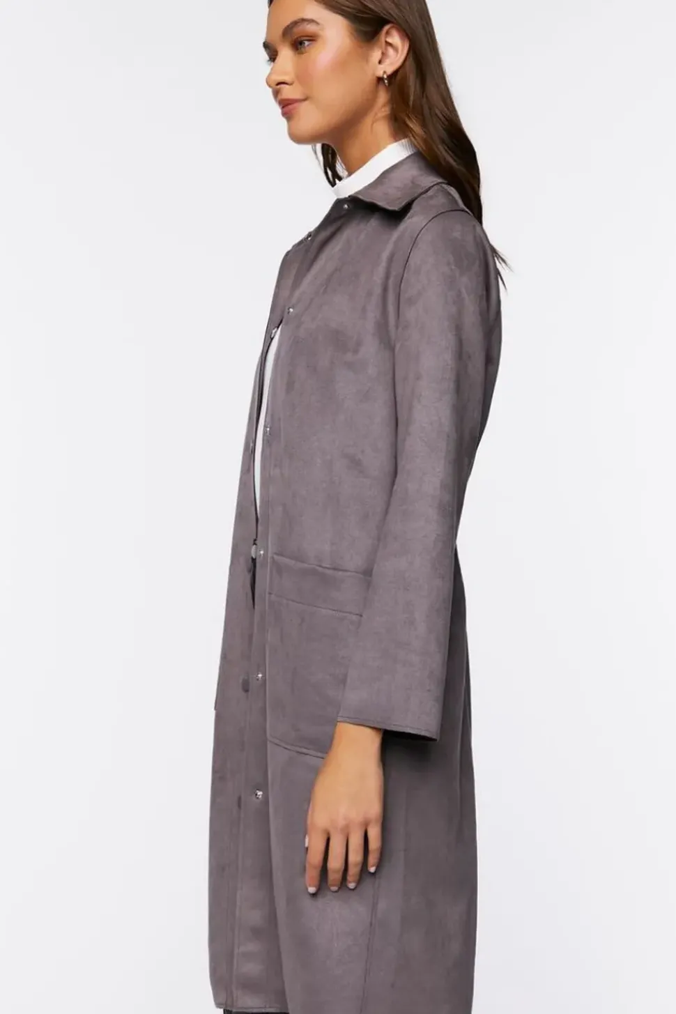 Faux Suede Button-Front Duster Coat