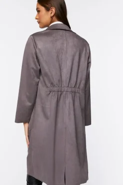 Faux Suede Button-Front Duster Coat