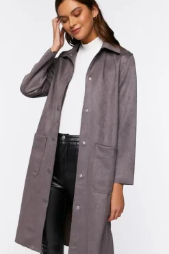 Faux Suede Button-Front Duster Coat