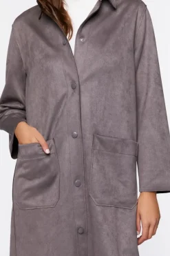 Faux Suede Button-Front Duster Coat