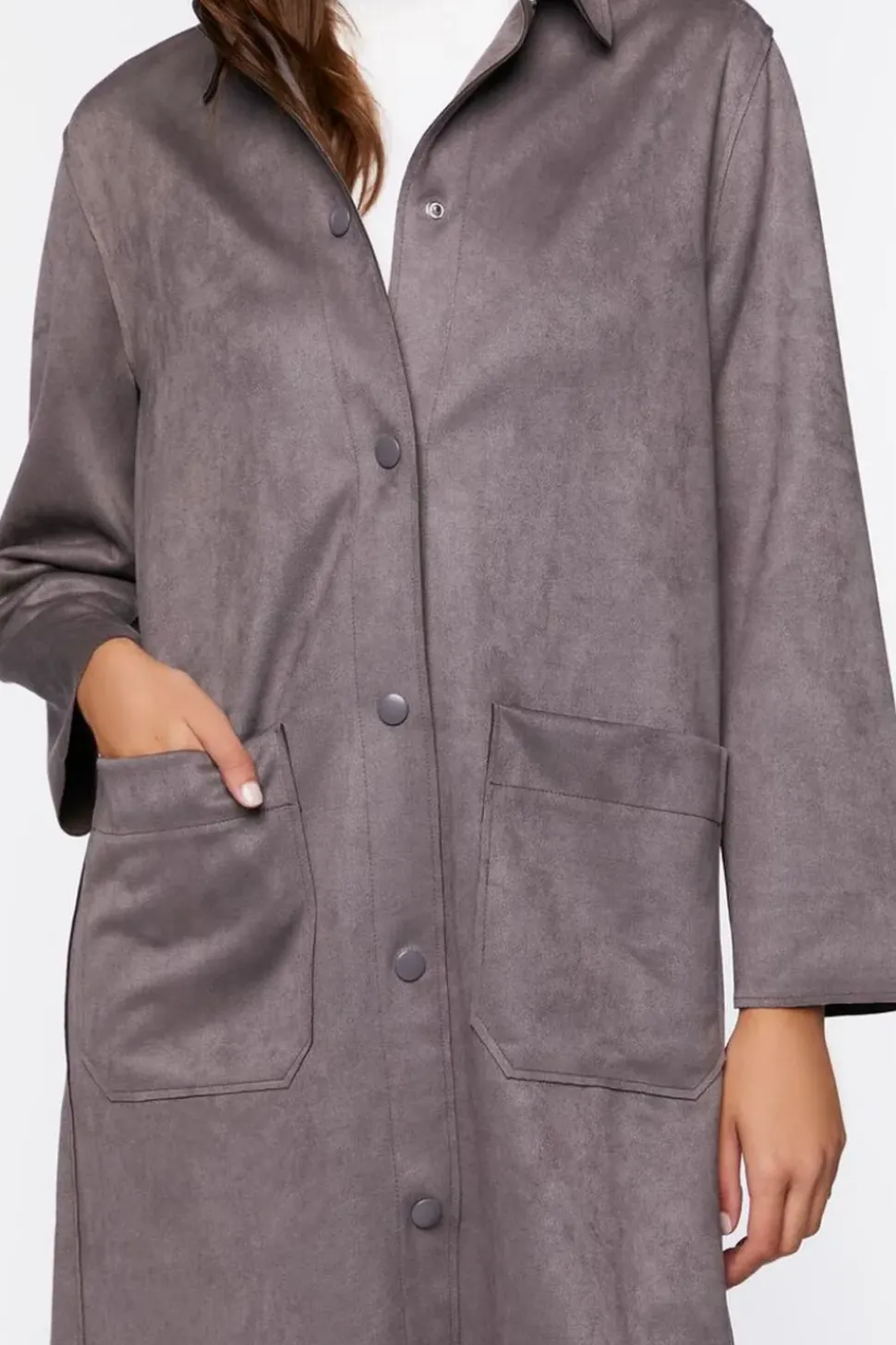 Faux Suede Button-Front Duster Coat