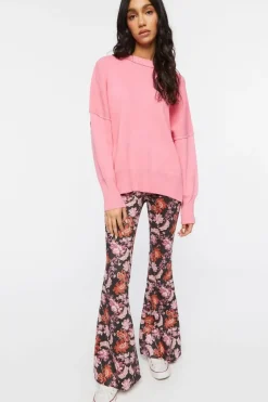 Faux Suede Floral Flare Pants