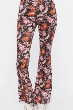 Faux Suede Floral Flare Pants