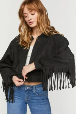 Faux Suede Fringe Bomber Jacket