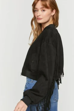 Faux Suede Fringe Bomber Jacket