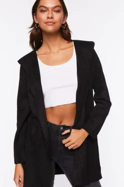 Faux Suede Hooded Longline Jacket
