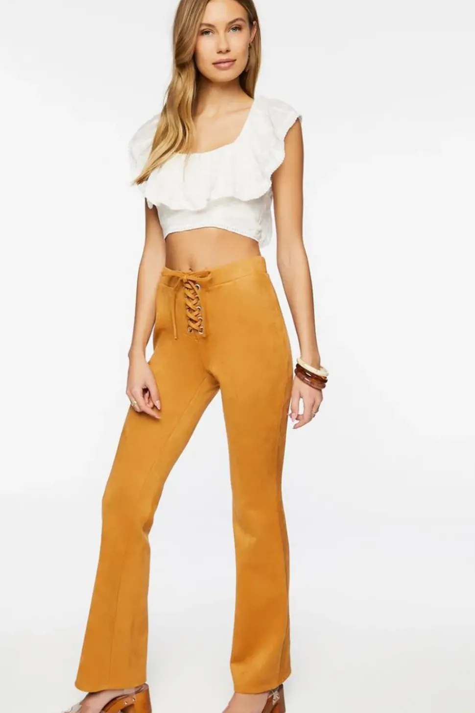 Faux Suede Lace-Up Flare Pants
