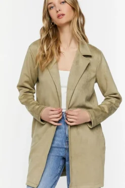Faux Suede Open-Front Longline Jacket