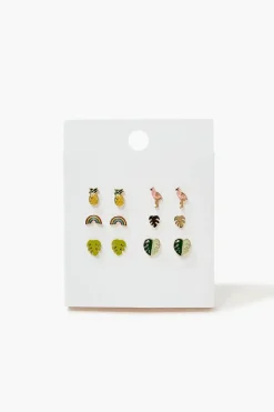 Flamingo & Leaf Charm Stud Earrings