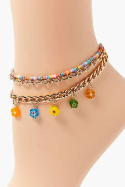 Floral Charm Beaded Anklet Set