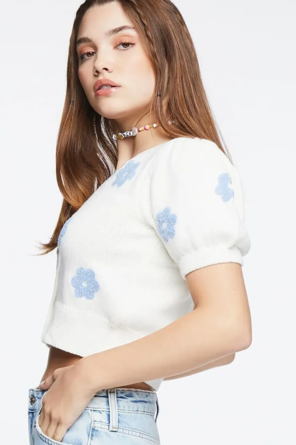 Floral Cropped Cardigan Sweater