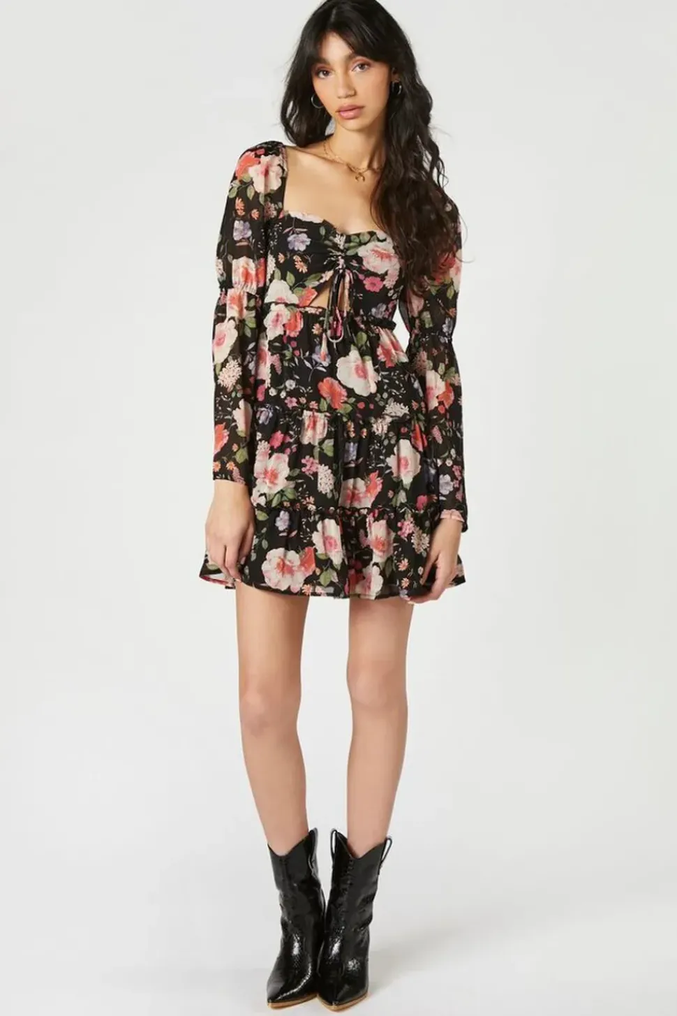 Floral Cutout Tiered Mini Dress