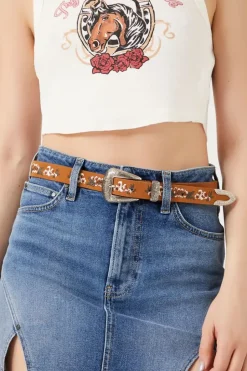 Floral Embroidered Faux Leather Belt