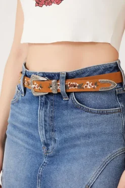 Floral Embroidered Faux Leather Belt