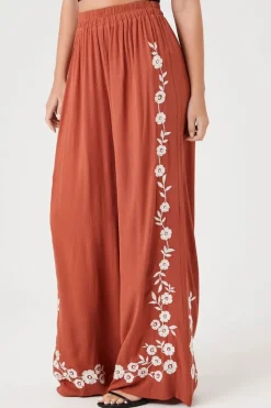 Floral Embroidered Wide-Leg Pants