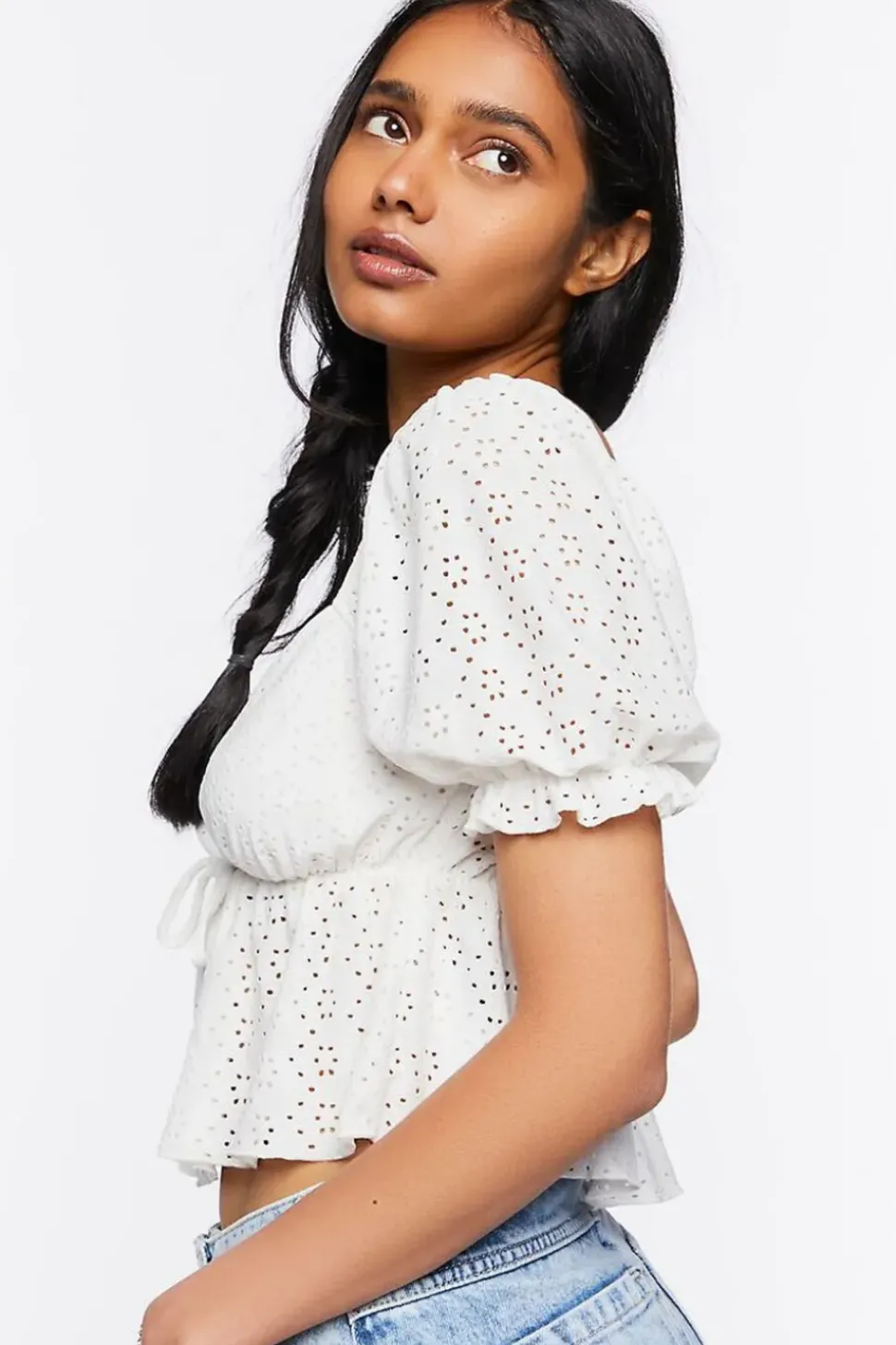 Floral Eyelet Puff-Sleeve Crop Top