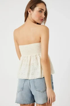 Floral Eyelet Twisted Strapless Top