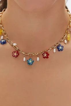 Floral & Faux Pearl Chain Necklace