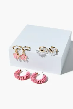 Floral Faux Pearl Hoop Earring Set