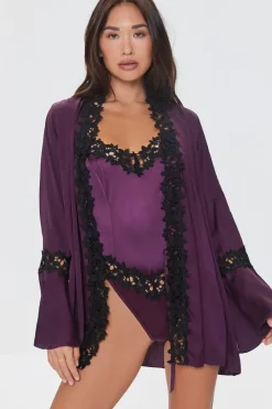 Floral Lace-Trim Satin Lingerie Robe