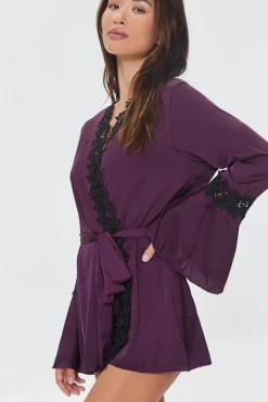 Floral Lace-Trim Satin Lingerie Robe