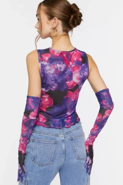 Floral Mesh Crop Top & Gloves Set