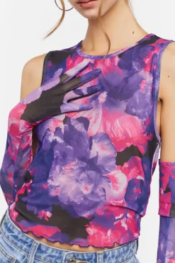 Floral Mesh Crop Top & Gloves Set