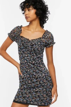 Floral Mesh Ruched Mini Dress