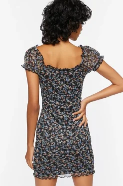 Floral Mesh Ruched Mini Dress