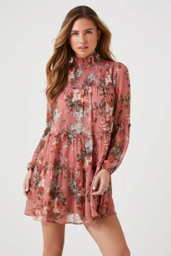 Floral Mock Neck Tiered Mini Dress